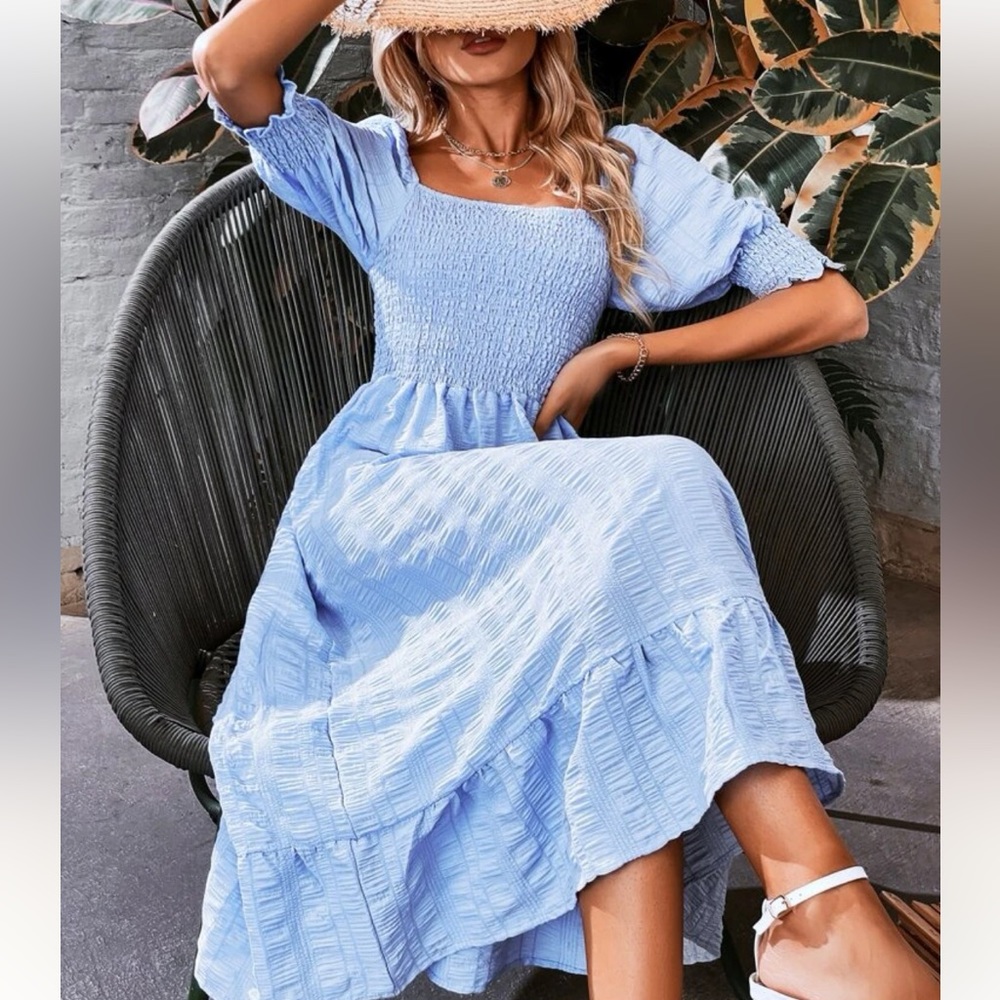 Shein blue rouched dress 3/4 sleeve